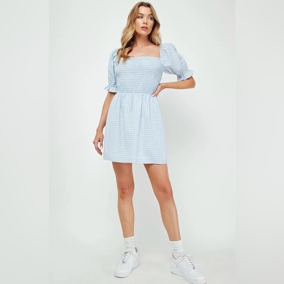 Gingham Smocked Mini Dress with Short Puff Sleeve - Picture 7 of 7